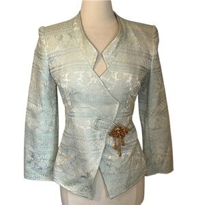 Christian Lacroix Cream & Teal Embroidered Balzer Gold broach Button Size 8